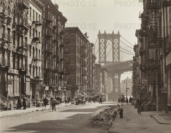 Pike Street at Henry Street looking toward Manhattan Bridge, New York City, New York, USA, Berenice Abbott, Federal Art Project, "Changing New York", March 1936