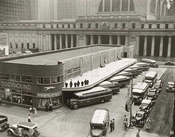 Greyhound Bus Terminal, 33rd and 34th Streets between Seventh and Eighth Avenues, Pennsylvania Station in background, New York City, New York, USA, Berenice Abbott, Federal Art Project, "Changing New York", July 1936