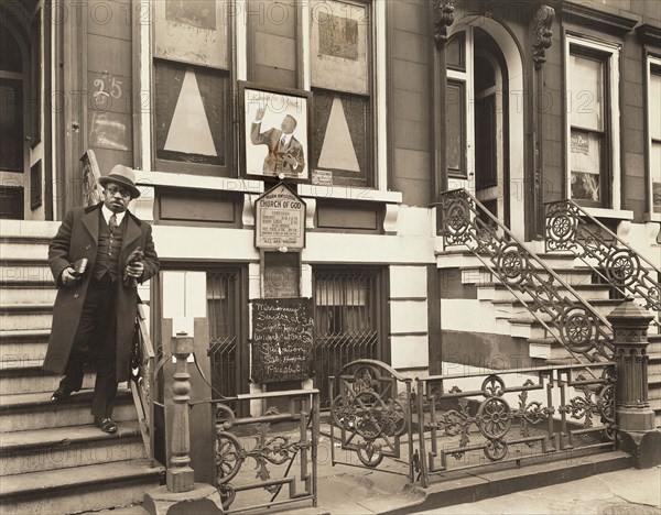 Man standing on steps, Church of God, 25 East 132nd Street, New York City, New York, USA, Berenice Abbott, Federal Art Project, "Changing New York", December 1936