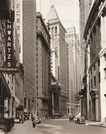 Broad Street looking toward Wall Street, New York City, New York, USA, Berenice Abbott, Federal Art Project, "Changing New York", July 1936