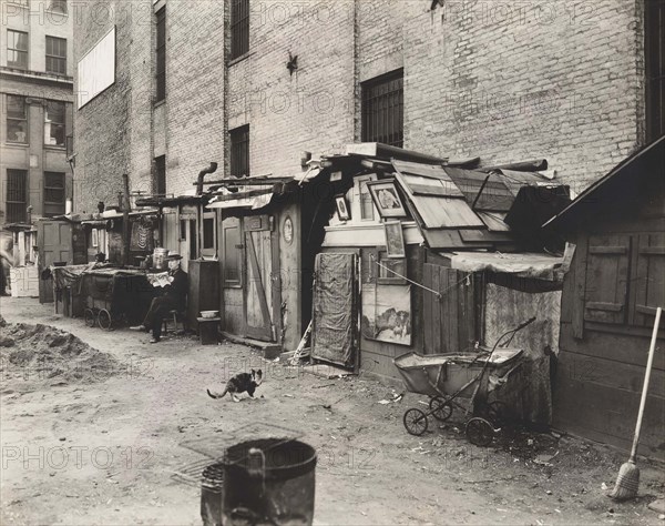 Unemployed and huts, West Houston and Mercer Streets, New York City, New York, USA, Berenice Abbott, Federal Art Project, "Changing New York", October 1935