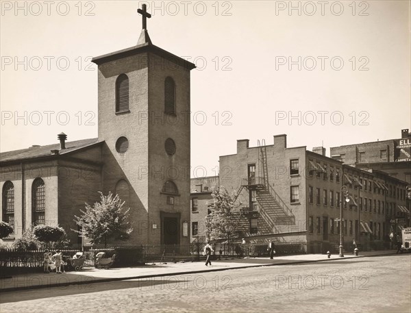 St. Luke's Chapel and Old Houses, Hudson Street, corner of Grove Street, New York City, New York, USA, Berenice Abbott, Federal Art Project, "Changing New York", June 1936