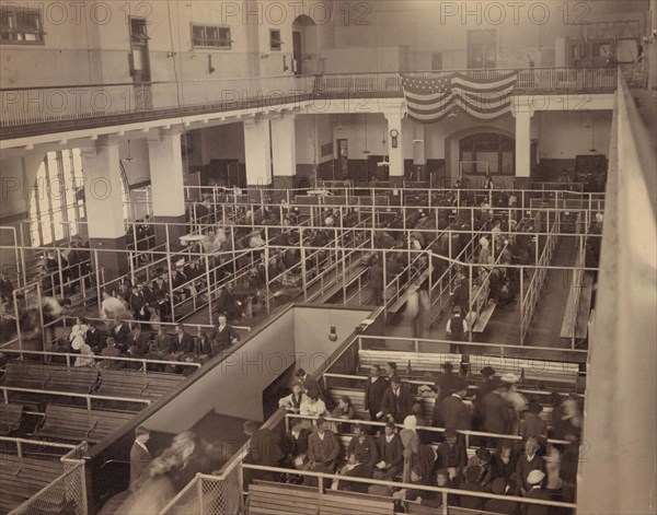 Arriving immigrants waiting to be processed, Ellis Island, New York City, New York, USA, Detroit Publishing Company, 1908