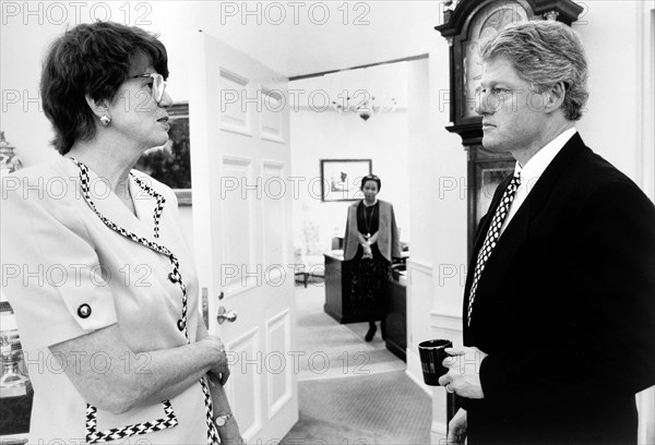 U.S. President Bill Clinton talking with U.S. Attorney General Janet Reno at the White House, Washington, D.C., USA, official White House photograph, 1993