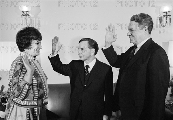 New York Congresswoman Bella Abzug being sworn in by U.S. Speaker of the House Carl Albert and House Majority Leader Hale Boggs during opening of 92nd U.S. Congress, Washington, D.C., USA, Marion S. Trikosko, U.S. News & World Report Magazine Photograph Collection, January 21, 1971