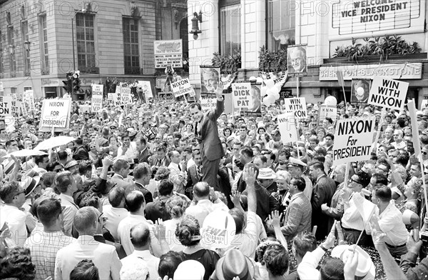 U.S. Vice President Richard M. Nixon and his family surrounded by crowds of supporters as they arrive at Sheraton-Blackstone Hotel during Republican National Convention, Chicago, Illinois, USA, Warren K. Leffler, U.S. News & World Report Magazine Photograph Collection, July 25, 1960