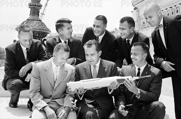 U.S. Vice President Richard Nixon holding model of rocket with Mercury Seven astronauts (left to right) Gordon Cooper, Alan Shepard, back row: Scott Carpenter, Wally Schirra, Gus Grissom, Deke Slayton, John Glenn, on steps of the east front of U.S. Capitol Building, Washington, D.C., USA, Marion S. Trikosko, U.S. News & World Report Magazine Photograph Collection, May 28, 1959