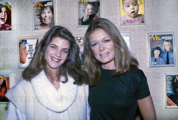 American actress Kirstie Alley and Ms. Magazine co-founder and editor Gloria Steinem, half-length portrait, Ms. Magazine office, New York City, New York, USA, Bernard Gotfryd, 1983