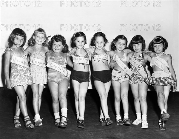 Group of young girls lined up for beauty contest at playground, P.S. 156, Brooklyn, New York City, New York, USA, Walter Albertin, New York World-Telegram and the Sun Newspaper Photograph Collection, 1951