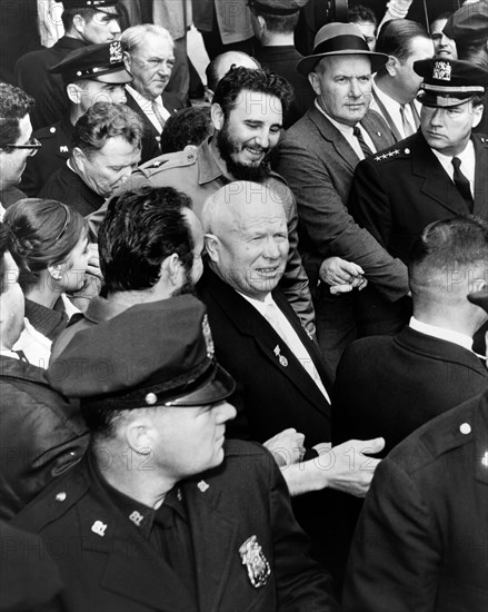 Soviet leader Nikita Khrushchev and Cuban leader Fidel Castro amongst crowd during visit to United Nations, New York City, New York, USA, Herman Hiller, New York World-Telegram and the Sun Newspaper Photograph Collection, September 1960