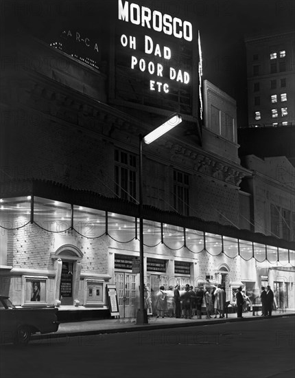 Morosco Theater at night, building exterior and street scene, New York City, New York, USA, Ed Ford, New York World-Telegram and the Sun Newspaper Photograph Collection, 1963