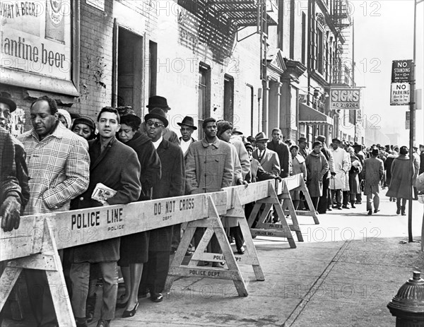 Group of people lined up to pay their respects at the funeral of Malcolm X, Unity Funeral Chapel, Harlem, New York, City, New York, USA, O. Fernandez, New York World-Telegram and the Sun Newspaper Photograph Collection, February 24, 1965