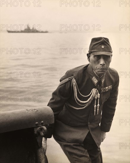 Member of Japanese delegation boarding USS Missouri during signing of official Instrument of Surrender, Tokyo Bay, Japan, U.S. Army Signal Corps., September 2, 1945