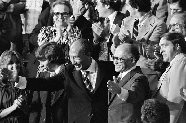 Egyptian President Anwar Sadat and Israeli Prime Minister Menachem Begin acknowledge applause during Joint Session of Congress in which U.S. President Jimmy Carter announced results of Camp David Accords, Washington D.C., USA, Warren K. Leffler, U.S. News & World Report Magazine Photograph Collection, September 18, 1978