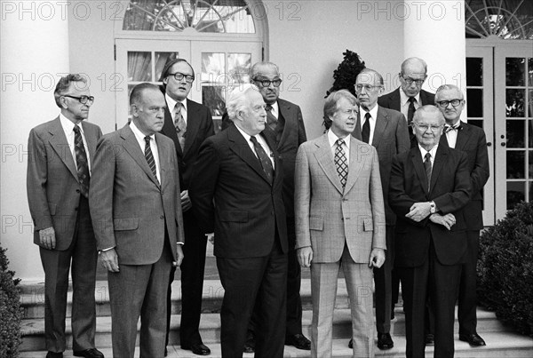 U.S. President Jimmy Carter (front row, 2nd right) with U.S. Supreme Court Justices, Harry Blackmun, Potter Stewart, William Rehnquist, Chief Justice Warren Burger, Thurgood Marshall, Lewis Powell, Byron White, William Brennan, John Paul Stevens, White House, Washington, D.C., USA, Thomas J. O'Halloran, U.S. News & World Report Magazine Photograph Collection, September 1977