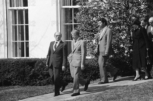 President Jimmy Carter, Israeli Prime Minister Menachem Begin and others walking outside while leaving the Oval Office at the White House, Washington, D.C., USA, Thomas J. O'Halloran, U.S. News & World Report Magazine Photograph Collection, March 2, 1979