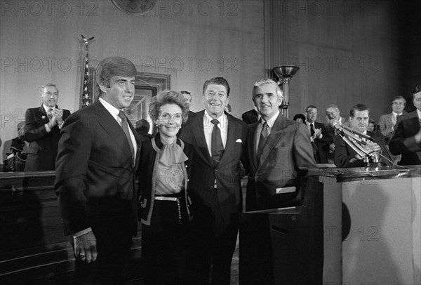 U.S. Congressman Jack Kemp (left), former California governor Ronald Reagan (2nd right) with his wife Nancy at press conference, New York City, New York, USA, Marion S. Trikosko, U.S. News & World Report Magazine Photograph Collection, November 13, 1979