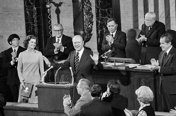 Betty Ford holding bible at Joint Session of Congress, in House Chamber, for swearing in of her husband, U.S. Vice President Gerald Ford, as U.S. President Richard Nixon looks on, Washington, D.C., USA, Warren K. Leffler, U.S. News & World Report Magazine Photograph Collection, December 6, 1973