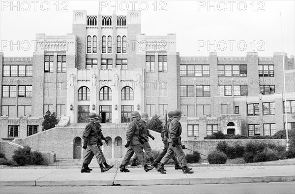 National Guard soldiers walking in front of Central High School, Little Rock, Arkansas, USA, Thomas J. O'Halloran, U.S. News & World Report Magazine Photograph Collection, January 1958