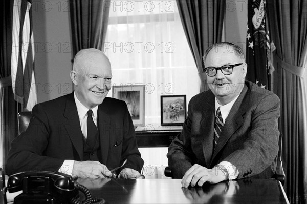 U.S. President sitting with Austrian Chancellor Julius Raab, Oval Office, Washington, D.C., USA, Warren K. Leffler, U.S. News & World Report Magazine Photograph Collection, May 19, 1958