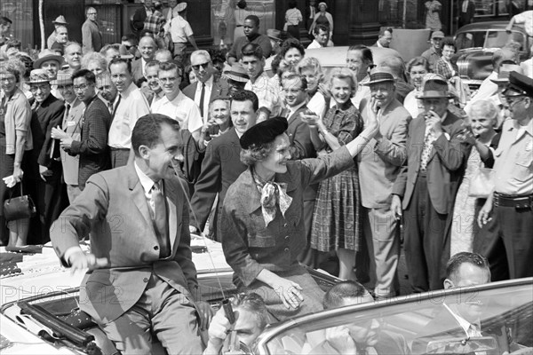 U.S. Vice President Richard Nixon with his wife Pat Nixon wave to crowds while riding in open car during campaign trip, Indianapolis, Indiana, USA, Thomas J. O'Halloran, U.S. News & World Report Magazine Photograph Collection, September 14, 1960