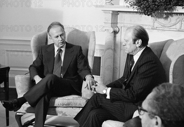 U.S. President Gerald Ford meeting with Yitzhak Rabin, Prime Minister of Israel, at the White House, Washington, D.C., USA, Thomas J. O'Halloran, U.S. News & World Report Magazine Photograph Collection, January 28, 1976