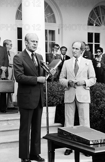 U.S. President Gerald Ford standing with Pierre Trudeau, Prime Minister of Canada, outside the White House, Washington, D.C., USA, Warren K. Leffler, U.S. News & World Report Magazine Photograph Collection, June 16, 1976