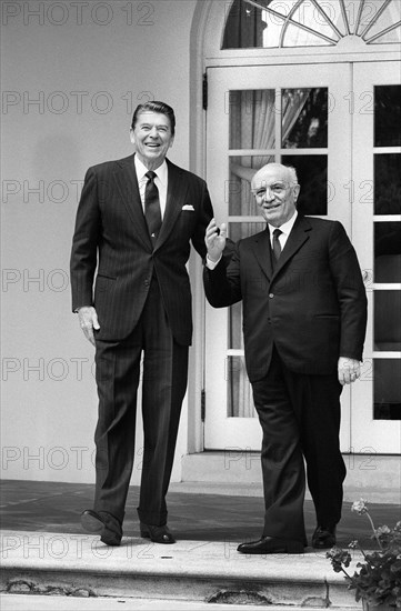 U.S. President Ronald Reagan standing with Italian Prime Minister Amintore Fanfani outside White House, Washington, D.C., USA, Chick Harrity, U.S. News & World Report Magazine Photograph Collection, May 26, 1983