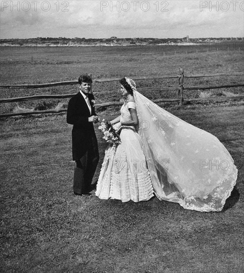 U.S. Senator John Kennedy and Jacqueline Bouvier Kennedy, in wedding attire, Newport, Rhode Island, USA, Toni Frissell, September 12, 1953