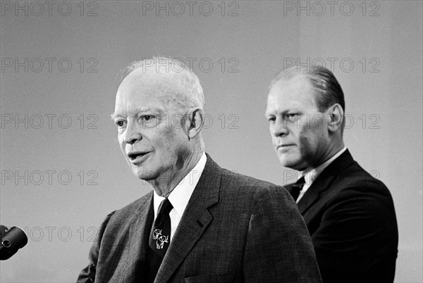 Former U.S. President Dwight D. Eisenhower and U.S. Congressman Gerald Ford hold news conference, Washington, D.C., USA, Marion K. Trikosko, U.S. News & World Report Magazine Photograph Collection, August 17, 1965