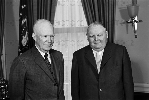 Dr. Ludwig Erhard, Vice Chancellor and Minister of Economics of West Germany, with U.S. President Dwight Eisenhower, White House, Washington, D.C., USA,  Warren K. Leffler, U.S. News & World Report Magazine Photograph Collection, March 24, 1958