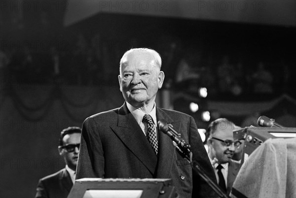 Former U.S. President Herbert Hoover speaking at rostrum during Republican National Convention, Chicago, Illinois, USA, Warren K. Leffler, U.S. News & World Report Magazine Photograph Collection, July 1960