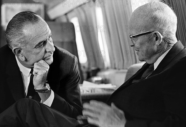 U.S. President Lyndon Johnson meeting with former U.S. President Dwight Eisenhower aboard Air Force One, Andrews Air Force Base, Maryland, USA, Yoichi Okamoto, October 5, 1965