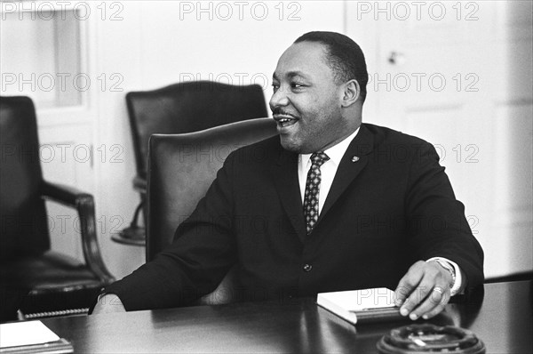 Dr. Martin Luther King, Jr. during civil rights meeting in cabinet room, White House, Washington, D.C., USA, Yoichi Okamoto, January 18, 1964