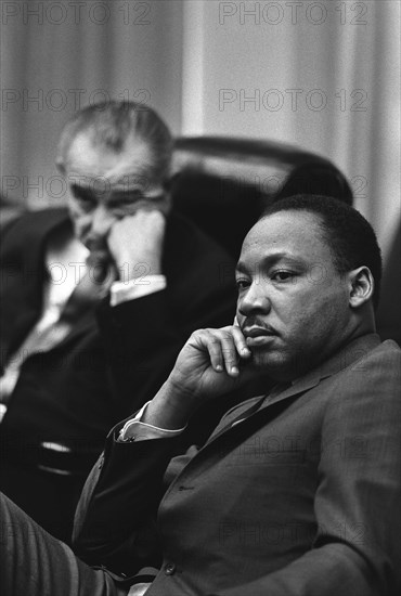 U.S. President Lyndon Johnson, Martin Luther King, Jr., during civil rights meeting, Cabinet Room, White House, Washington, D.C., USA, Yoichi Okamoto, March 18, 1966