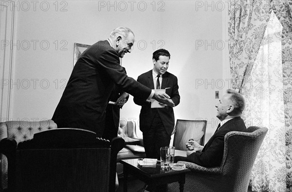 U.S. President Lyndon Johnson with Soviet Premier Alexei Kosygin (seated right) and Kosygin's interpreter Mr. Sukhodrev, Glassboro Summit Conference, Glassboro State College, Glassboro, New Jersey, USA, Yoichi Okamoto, June 23, 1967