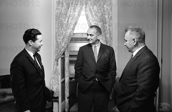 U.S. President Lyndon Johnson (center) with Soviet Premier Alexei Kosygin (right) and Kosygin's interpreter Mr. Sukhodrev, Glassboro Summit Conference, Glassboro State College, Glassboro, New Jersey, USA, Yoichi Okamoto, June 23, 1967