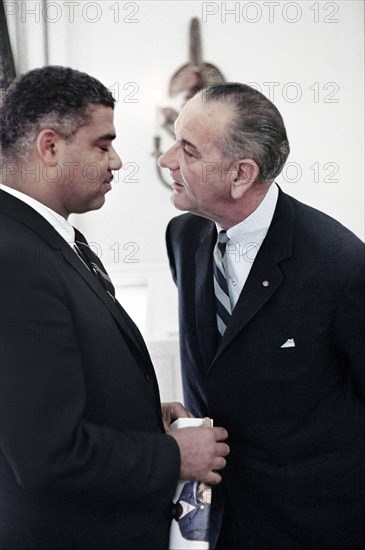 U.S. President Lyndon Johnson meeting with Civil Rights leader Whitney Young, Oval Office, White House, Washington, D.C., USA, Yoichi Okamoto, June 28, 1966