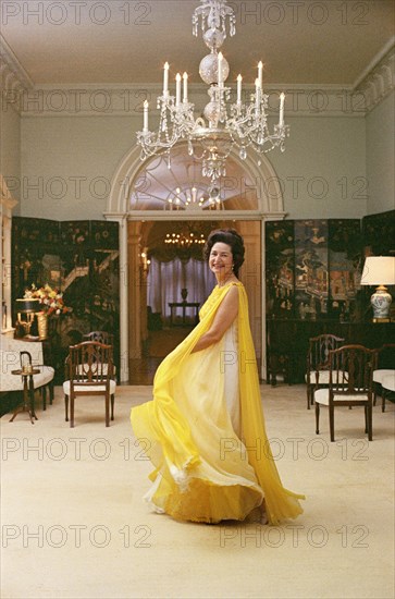 U.S. First Lady Claudia "Lady Bird" Johnson in formal wear, White House, Washington, D.C., USA, Robert Knudsen, May 8, 1968