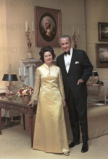 U.S. President Lyndon B. Johnson and Lady Bird Johnson in formal wear, White House, Washington, D.C., USA, Robert Knudsen, November 11, 1968