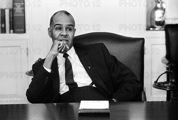 Whitney Young, during civil rights meeting with U.S. President Lyndon Johnson in cabinet room, White House, Washington, D.C., USA, Yoichi Okamoto, January 18, 1964