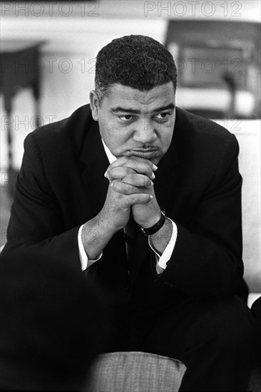 Roy Wilkins, during civil rights meeting with U.S. President Lyndon Johnson in cabinet room, White House, Washington, D.C., USA, Yoichi Okamoto, January 18, 1964