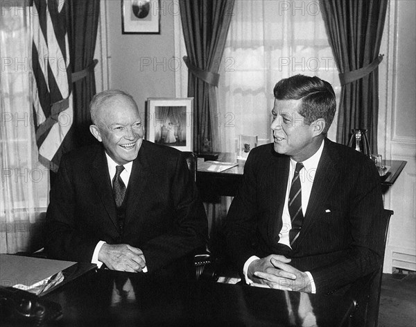 U.S. President Dwight Eisenhower meeting with U.S. President-elect John Kennedy, Oval Office, White House, Washington, D.C., USA, Abbie Rowe, White House Photographs, December 6, 1960