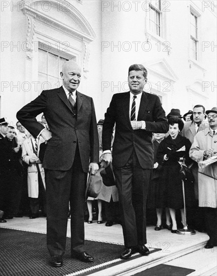 U.S. President Dwight Eisenhower and U.S. President-elect John Kennedy stand before reporters before meeting in Oval Office, North Portico, White House, Washington, D.C., USA, Abbie Rowe, White House Photographs, December 6, 1960