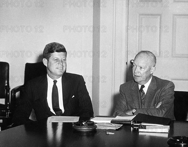 U.S. President-Elect John Kennedy and U.S. President Dwight Eisenhower during meeting in Cabinet Room, White House, Washington, D.C., USA, Abbie Rowe, White House Photographs, January 19, 1961