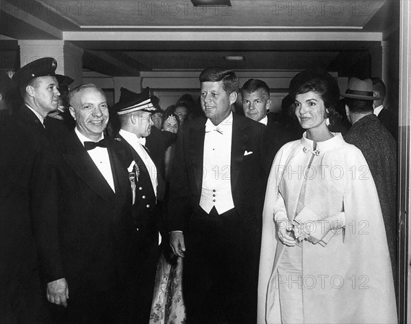 U.S. President John Kennedy and First Lady Jacqueline Kennedy arriving at Inaugural Ball, National Guard Armory, Washington, D.C., USA, Abbie Rowe, White House Photographs, January 20, 1961