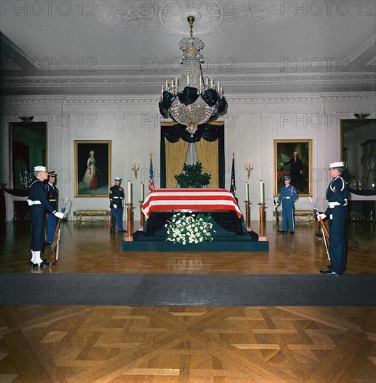 Late U.S. President John Kennedy’s flag-draped casket, members of honor guard standing watch, East Room, White House, Washington, D.C., USA, Robert Knudsen, White House Photographs, November 23, 1963