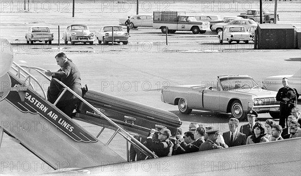 Late U.S. President John Kennedy’s casket transferred to Air Force One, Love Field, Dallas, Texas, USA, Cecil Stoughton, White House Photographs, November 22, 1963