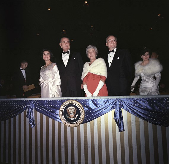 Claudia "Lady Bird' Johnson, U.S. President Lyndon Johnson, Muriel Humphrey, U.S. Vice President Hubert Humphrey attending Inaugural Ball, National Guard Armory, Washington, D.C., USA, White House Photo Office, January 18, 1965