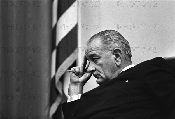 U.S. President Lyndon Johnson listening during cabinet meeting, Cabinet Room, White House, Washington, D.C., USA, Yoichi Okamoto, Jully 21, 1965